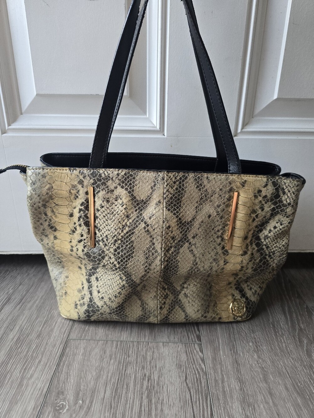 Vince Camuto Zola Snake Print Genuine Leather Tote Shoulder Bag Black Multi Gold